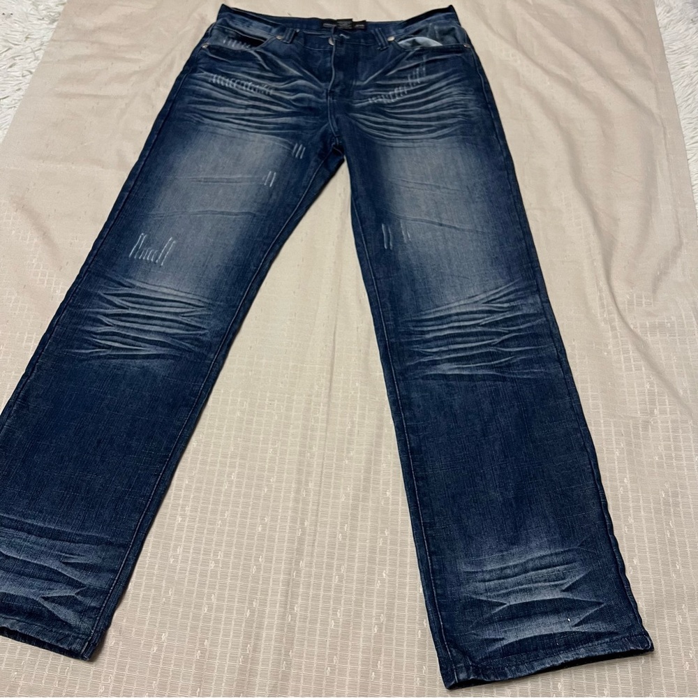 Y2K Men's Premium Raw Blue Jeans Dark Wash Faded Denim Jeans Pants Sz 32x32